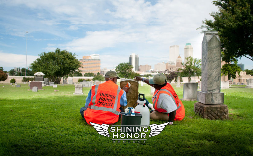 Ms. Kitty and Tony cleaning veteran headstones in Tulsa, Ok with the Shining Honor Project